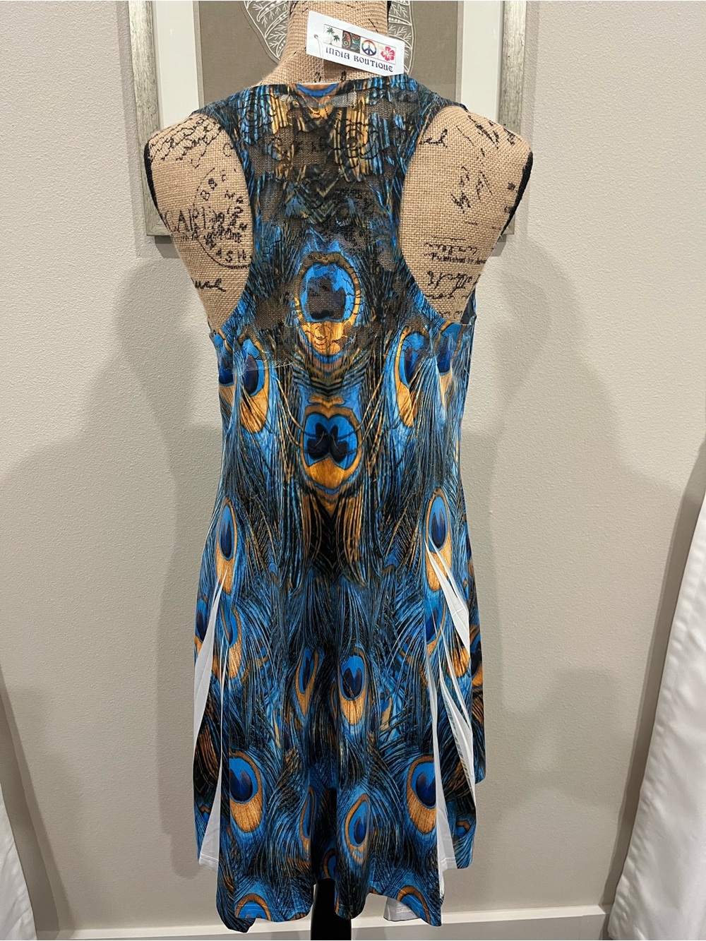 NWT India Boutique Blue Peacock Feather Embellished Asymmetric Hem Tank Dress OS - Picture 4 of 8